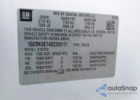 2013 Chevrolet Silverado 1500 Lt z USA, uszkodzony, nr VIN 1GCRKSE74DZ258171